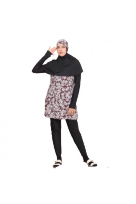 Baju Renang Muslimah - SB 510 ( BLACK FLOWER BROWN)